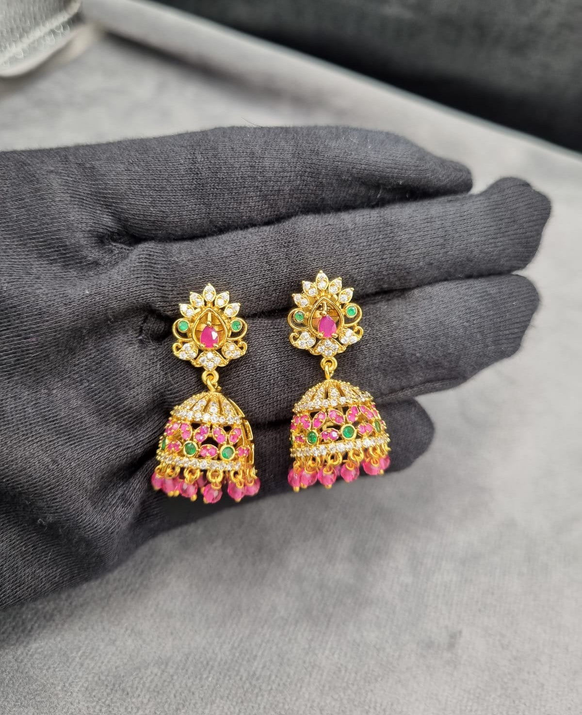 Traditional Floral Jhumkas with Pink Bead Droplets