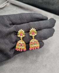 Traditional Floral Jhumkas with Pink Bead Droplets