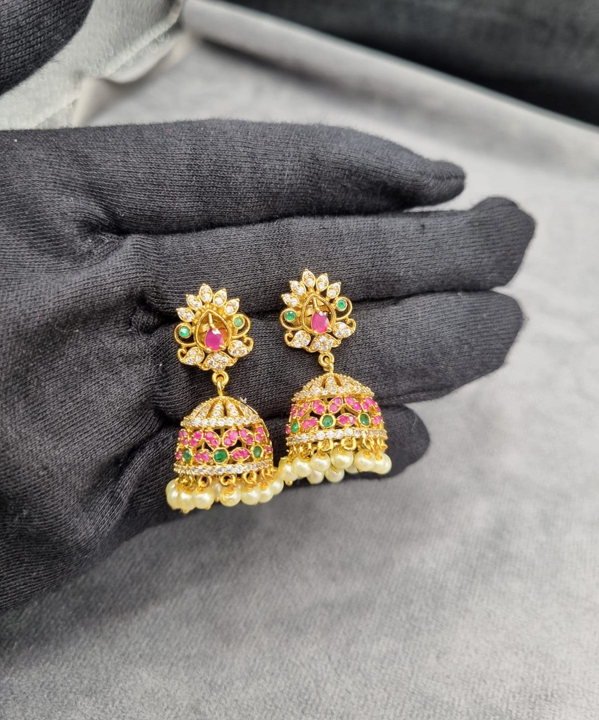 Traditional Floral Jhumkas with Pink Bead Droplets