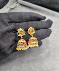 Traditional Floral Jhumkas with Pink Bead Droplets