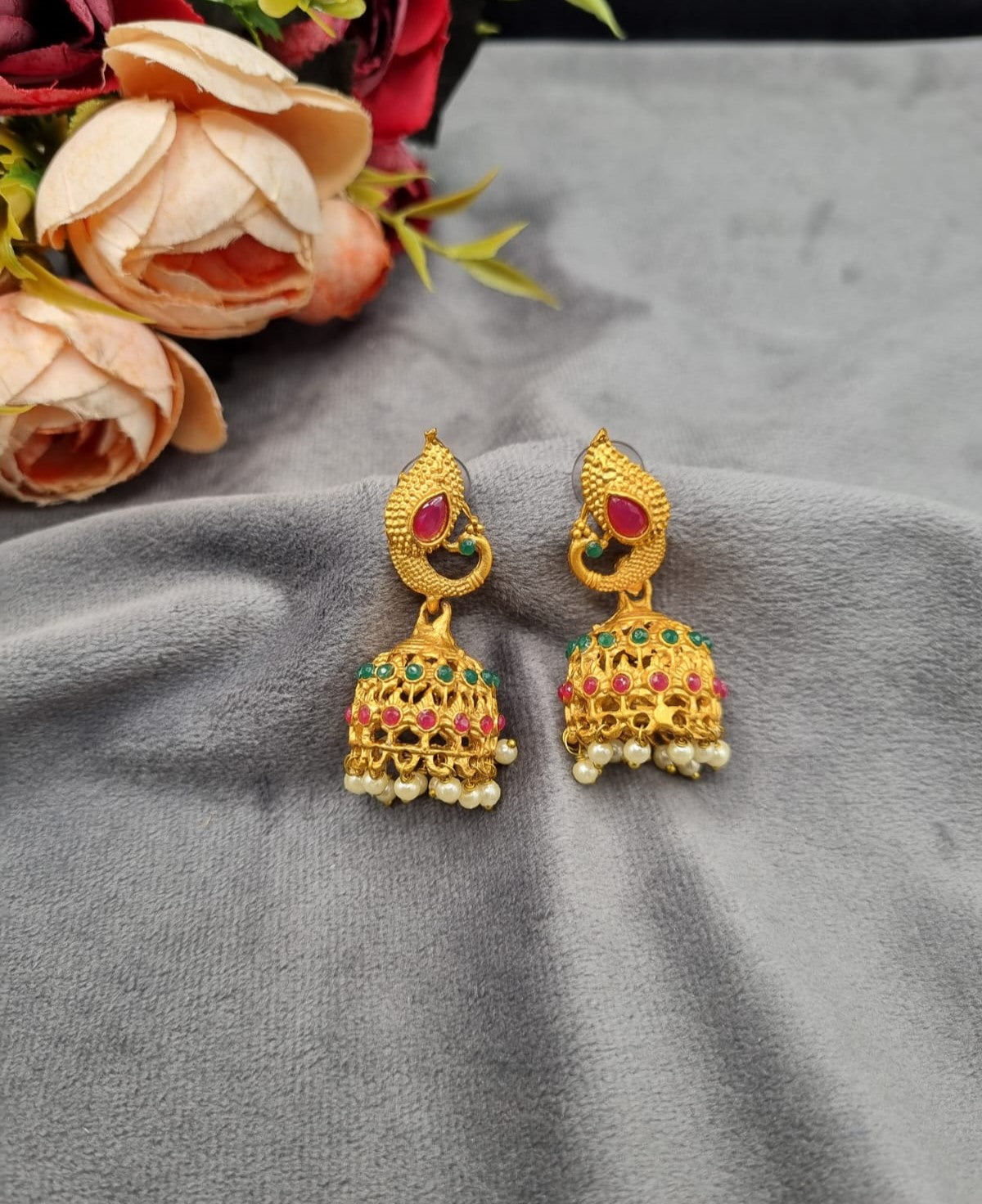 Ethnic Matte Finish Peacock Drop Jhumki Earrings
