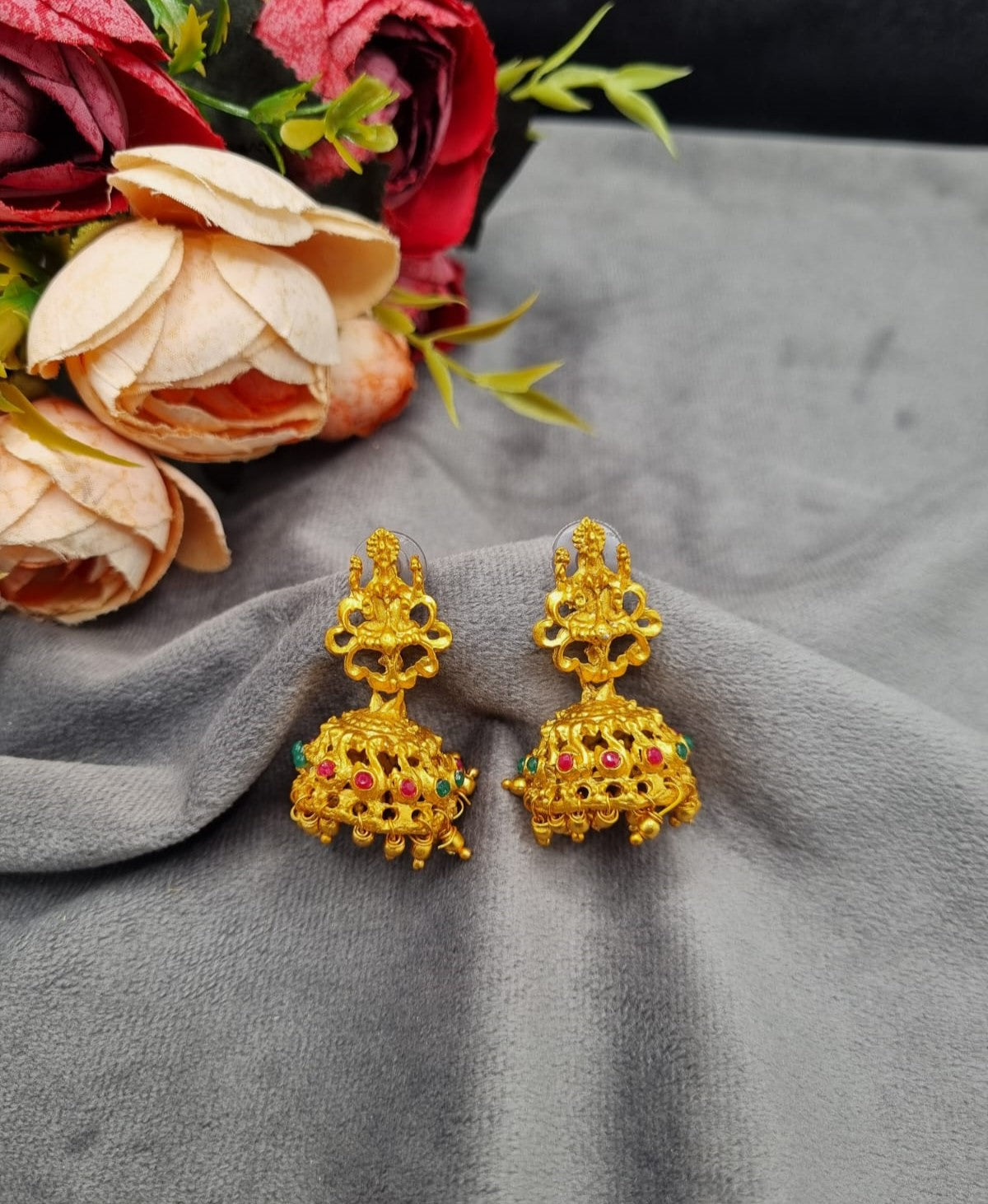 Traditional Lakshmi Motif Drop Jhumkas with Ghungroo Hangings