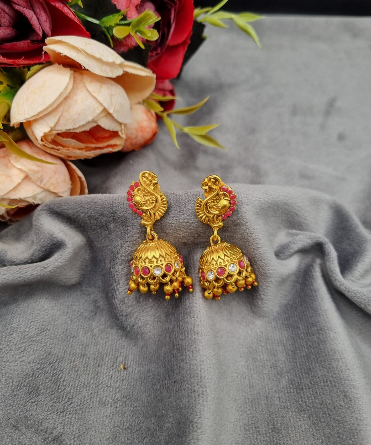 Traditional Peacock Stud Drop Jhumkas with Metallic Hangings