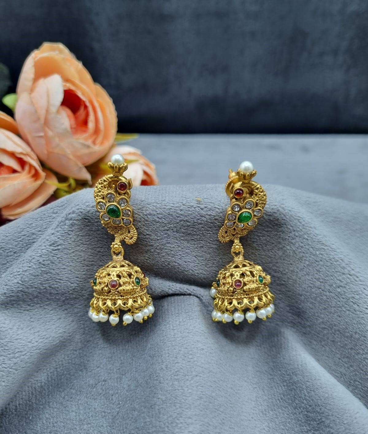 Ethnic Matte Finish Temple Bell Jhumki Earrings