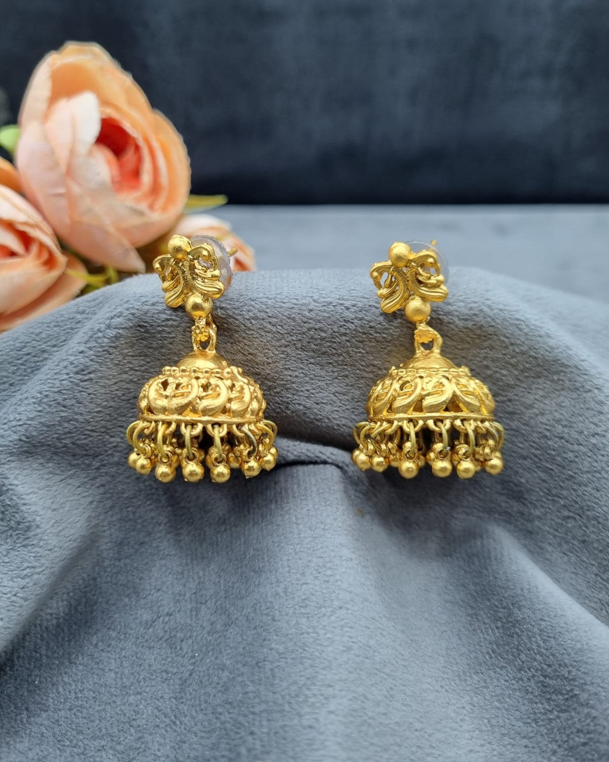 Traditional Carved Stud Drop Jhumkas with Ghungroo Hangings