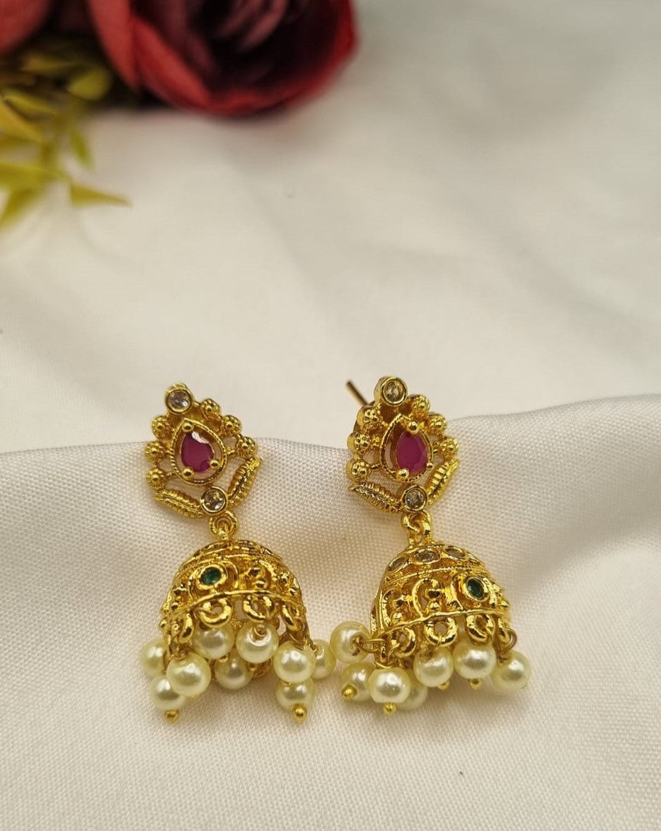Traditional Pearl Drop Filigree Jhumka Earrings