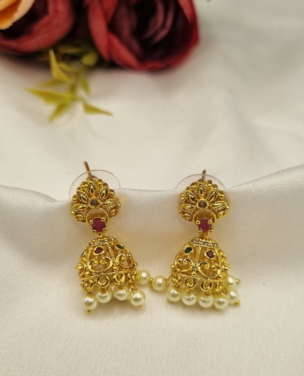 Intricate Filigree Jhumka Earrings with Pearl Clusters