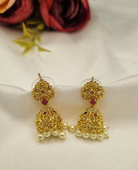 Intricate Filigree Jhumka Earrings with Pearl Clusters