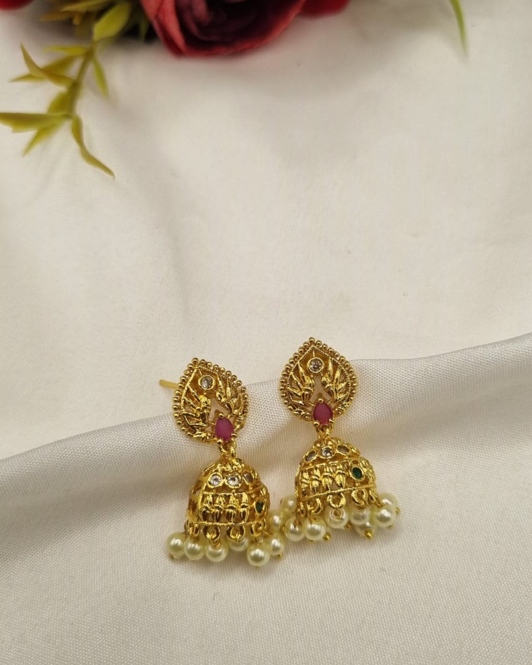 Leaf Motif Stud Filigree Jhumka Earrings with Hanging Pearls