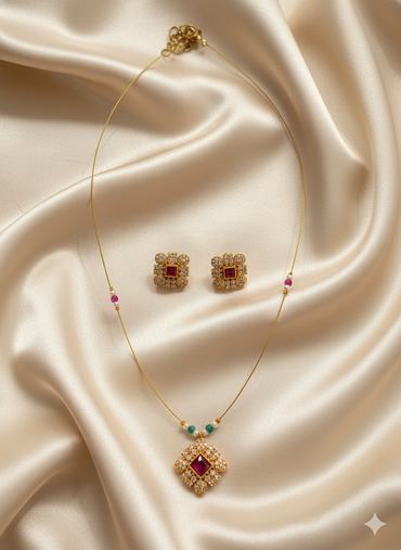 Gold-Plated Traditional Invisibale Square Pendant Necklace Set