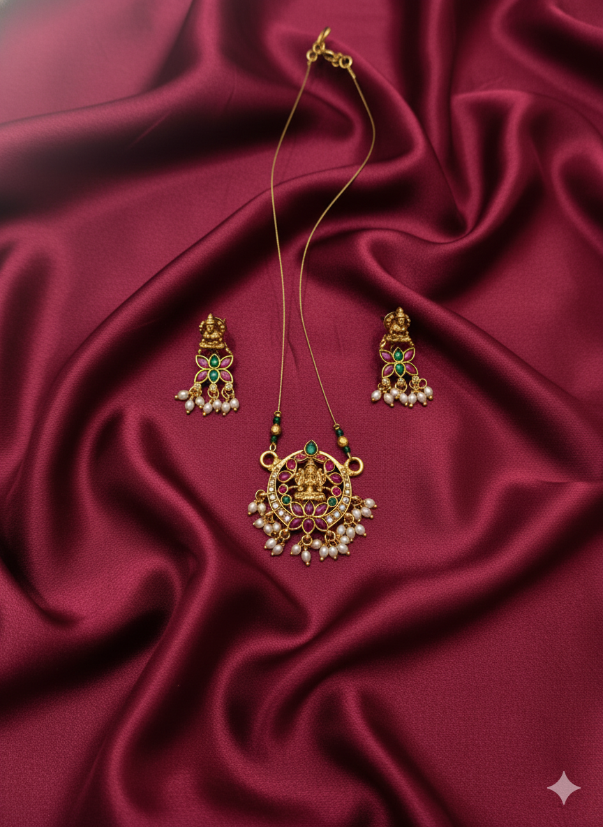 Antique Matte Gold Lakshmi Temple Ruby and Emerald Green Pendant Set For Woman