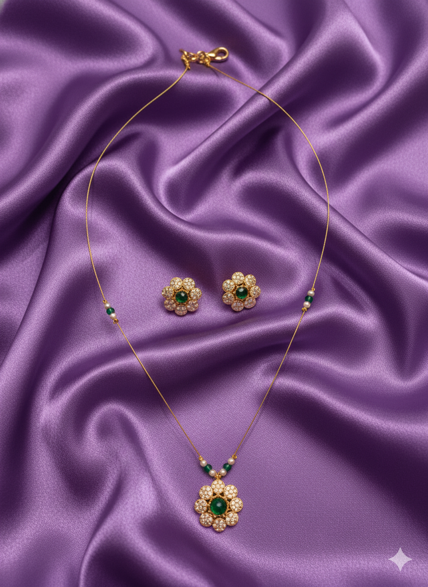 Traditional Floral Zircon Pendant Set with Matching Studs For Woman