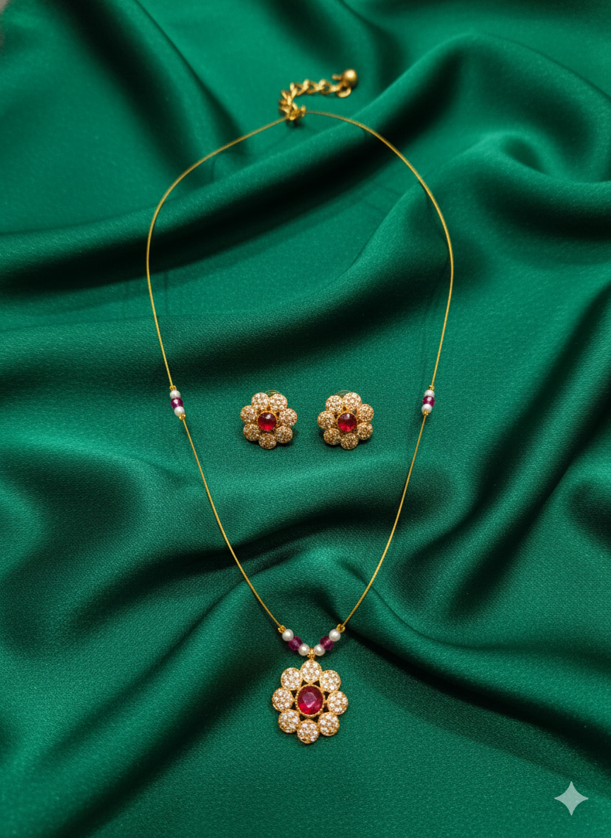 Traditional Floral Zircon Pendant Set with Matching Studs For Woman
