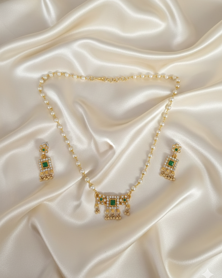 Elegant Pearl Gold Plated Square Pendant Necklace with Matching Dangle Earrings