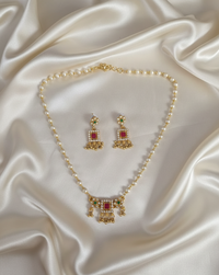 Elegant Pearl Gold Plated Square Pendant Necklace with Matching Dangle Earrings