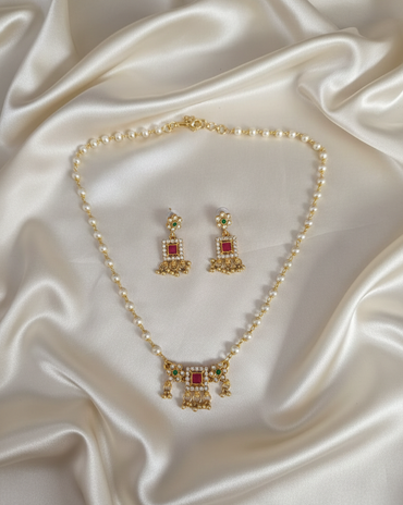 Elegant Pearl Gold Plated Square Pendant Necklace with Matching Dangle Earrings