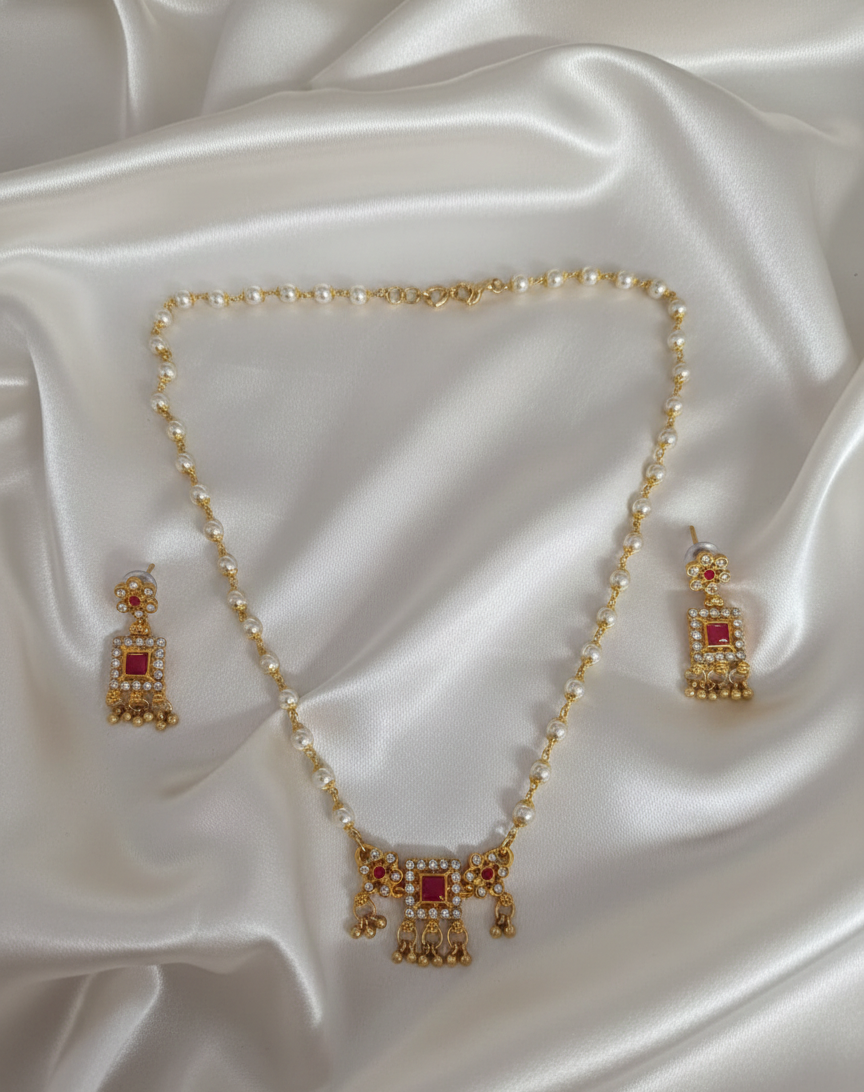 Elegant Pearl Gold Plated Square Pendant Necklace with Matching Dangle Earrings
