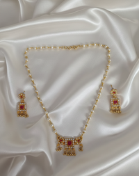 Elegant Pearl Gold Plated Square Pendant Necklace with Matching Dangle Earrings