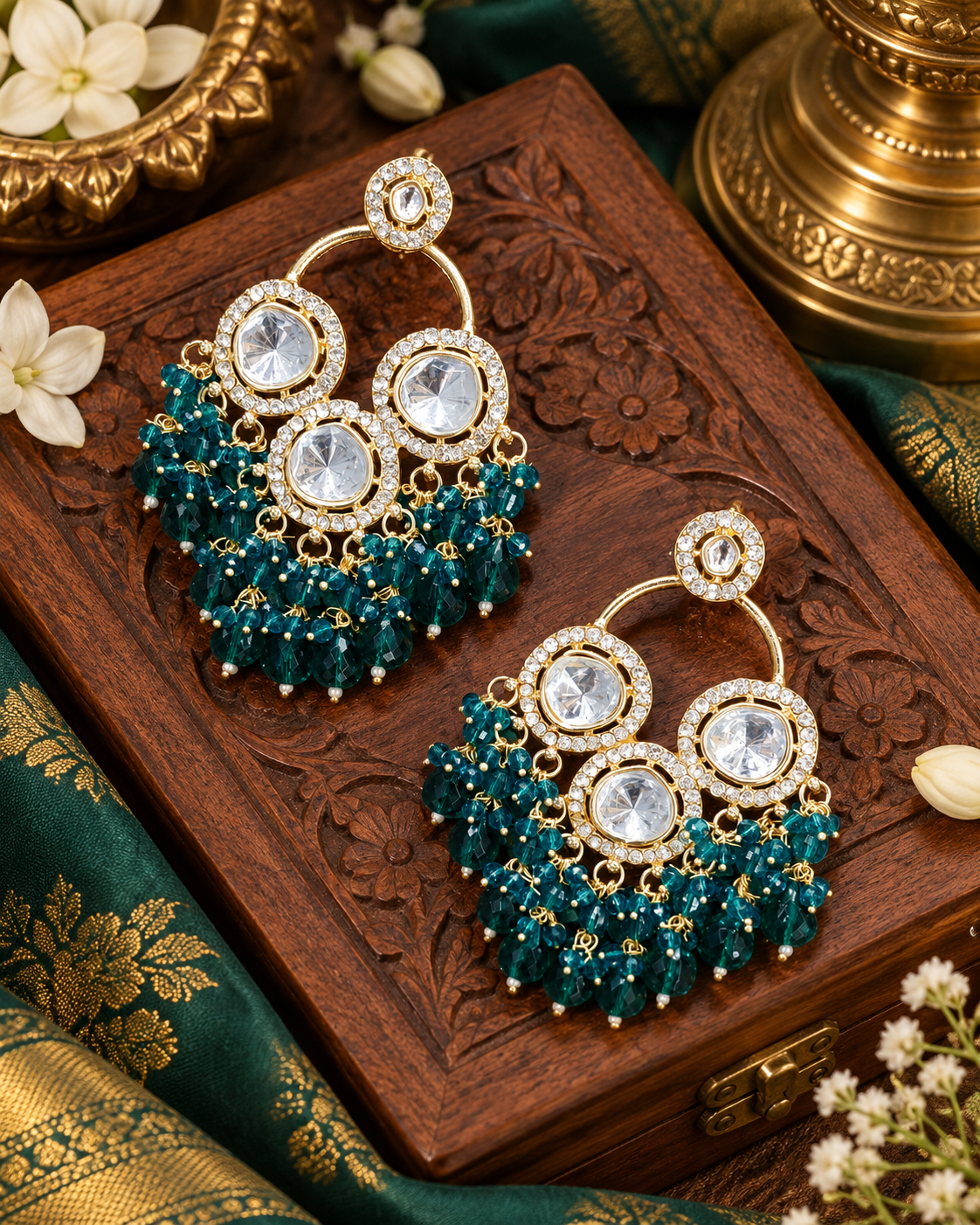 Traditional Forest Beaded Kundan Earrings with Brilliant Round Crystals