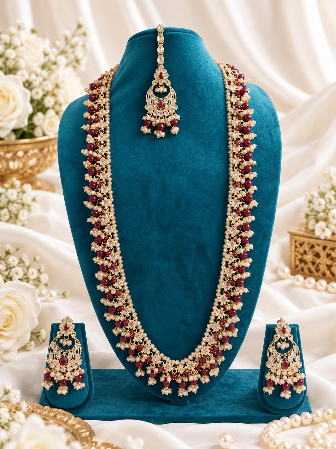 Deep Maroon Beaded Long Necklace Set