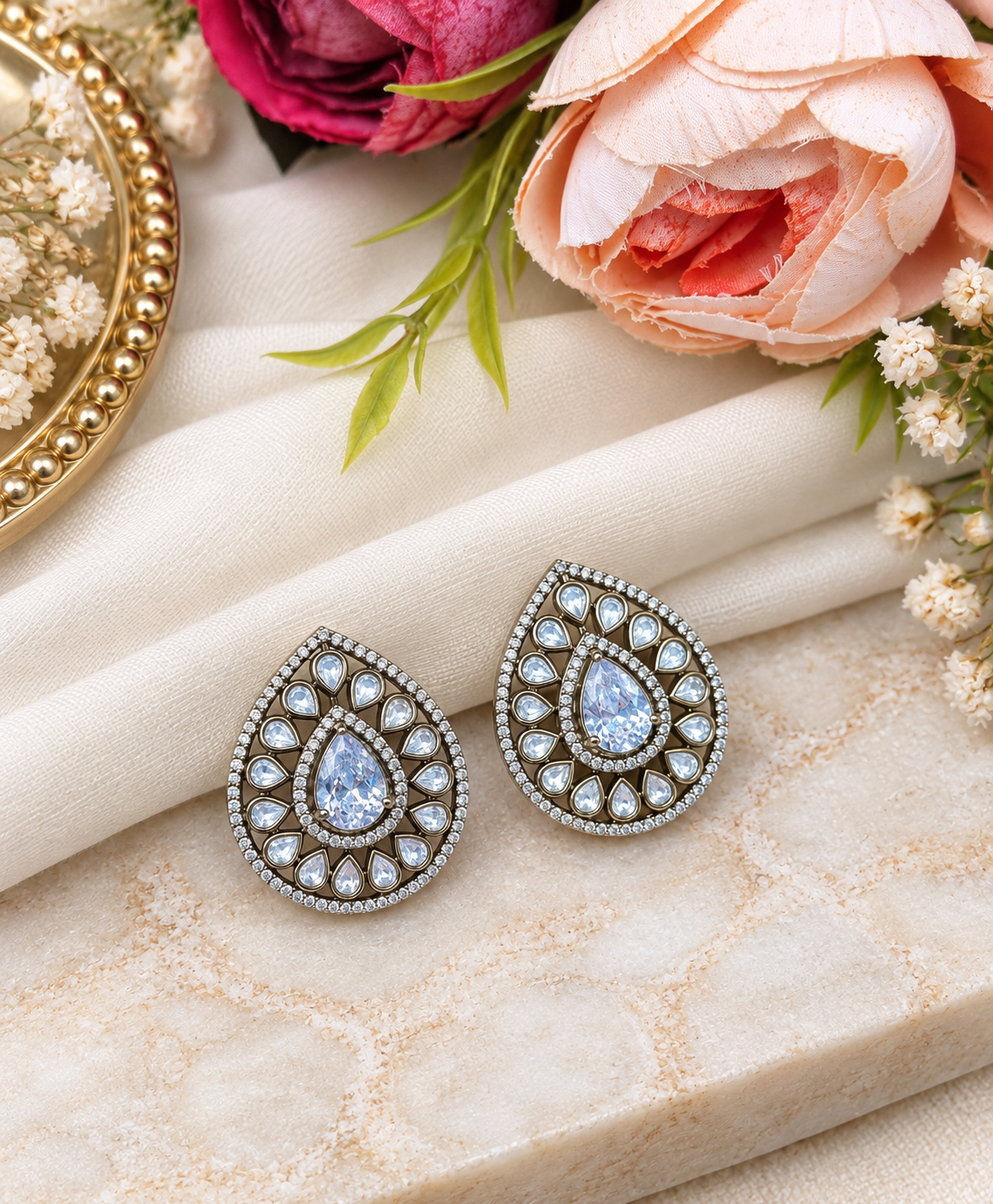 Teardrop Halo Stud Earrings with Polki-Style Accents