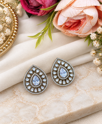 Teardrop Halo Stud Earrings with Polki-Style Accents