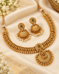 Gold Lakshmi Pendant Temple Necklace with Jhumkas