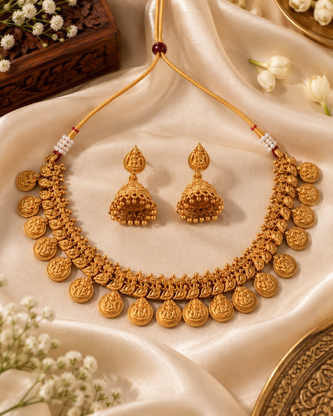 Handcrafted Temple Goddess Coin Necklace Set with Hanging Jhumkas