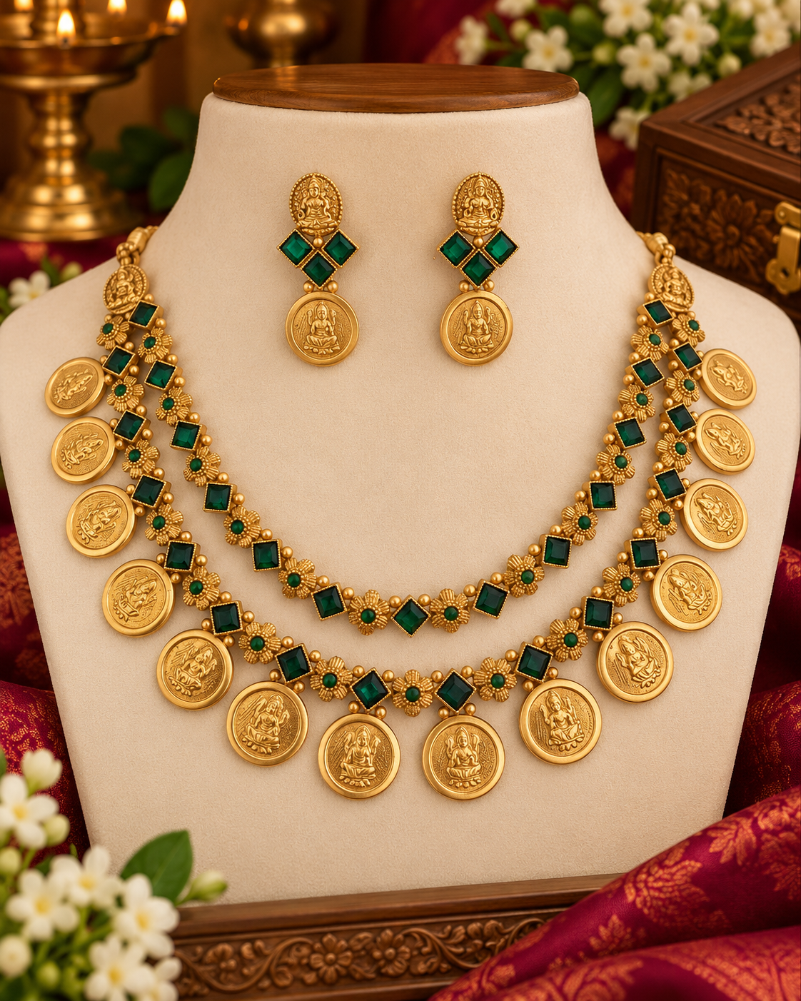 Double Layer Lakshmi Coin Temple Necklace Set with Ruby & Emerald Kemp Stones
