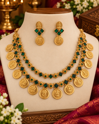 Double Layer Lakshmi Coin Temple Necklace Set with Ruby & Emerald Kemp Stones