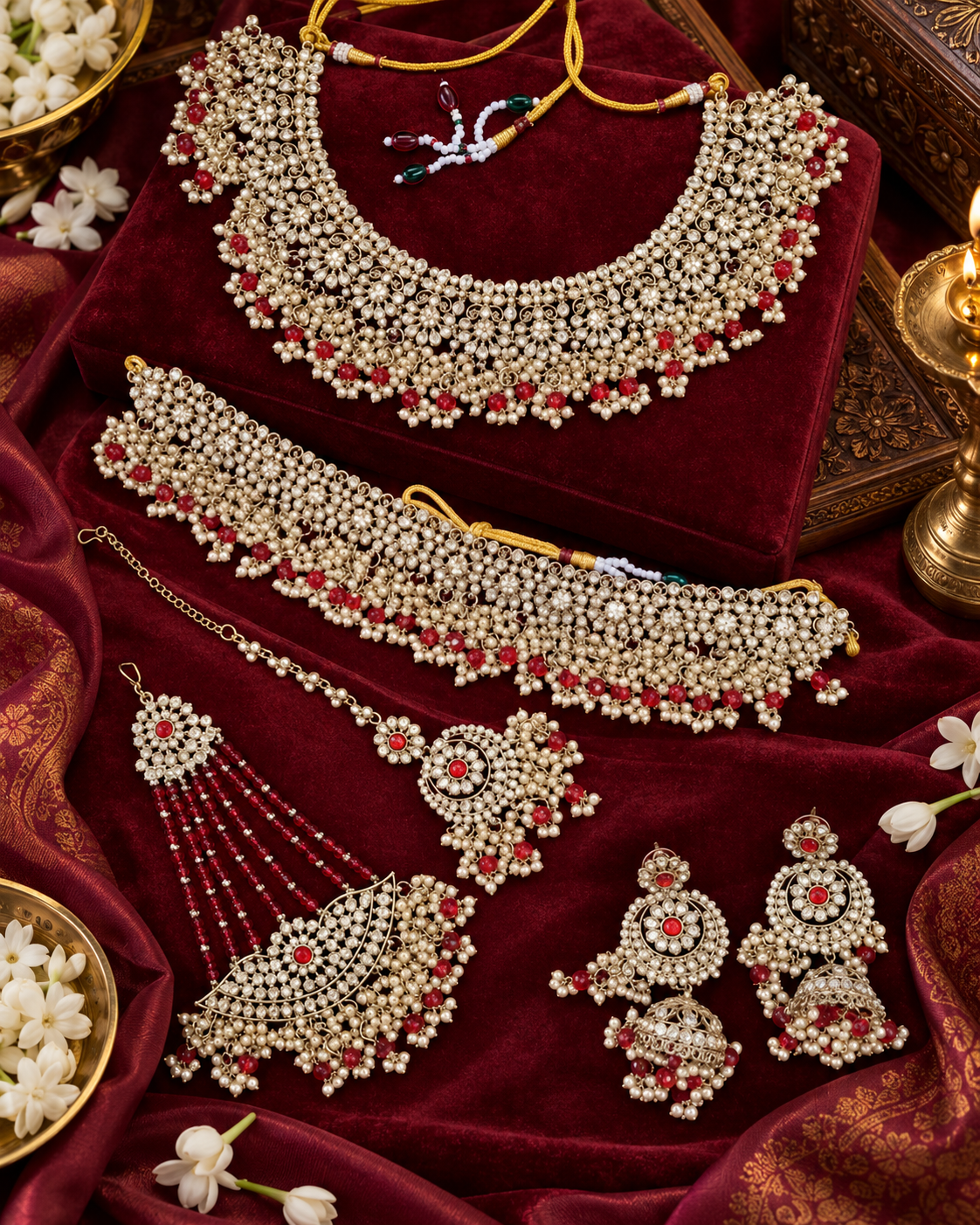 Shadaw Stone Bridal Jewelry Set Choker Necklace, Earring, Maang Tikka & Passa For Woman
