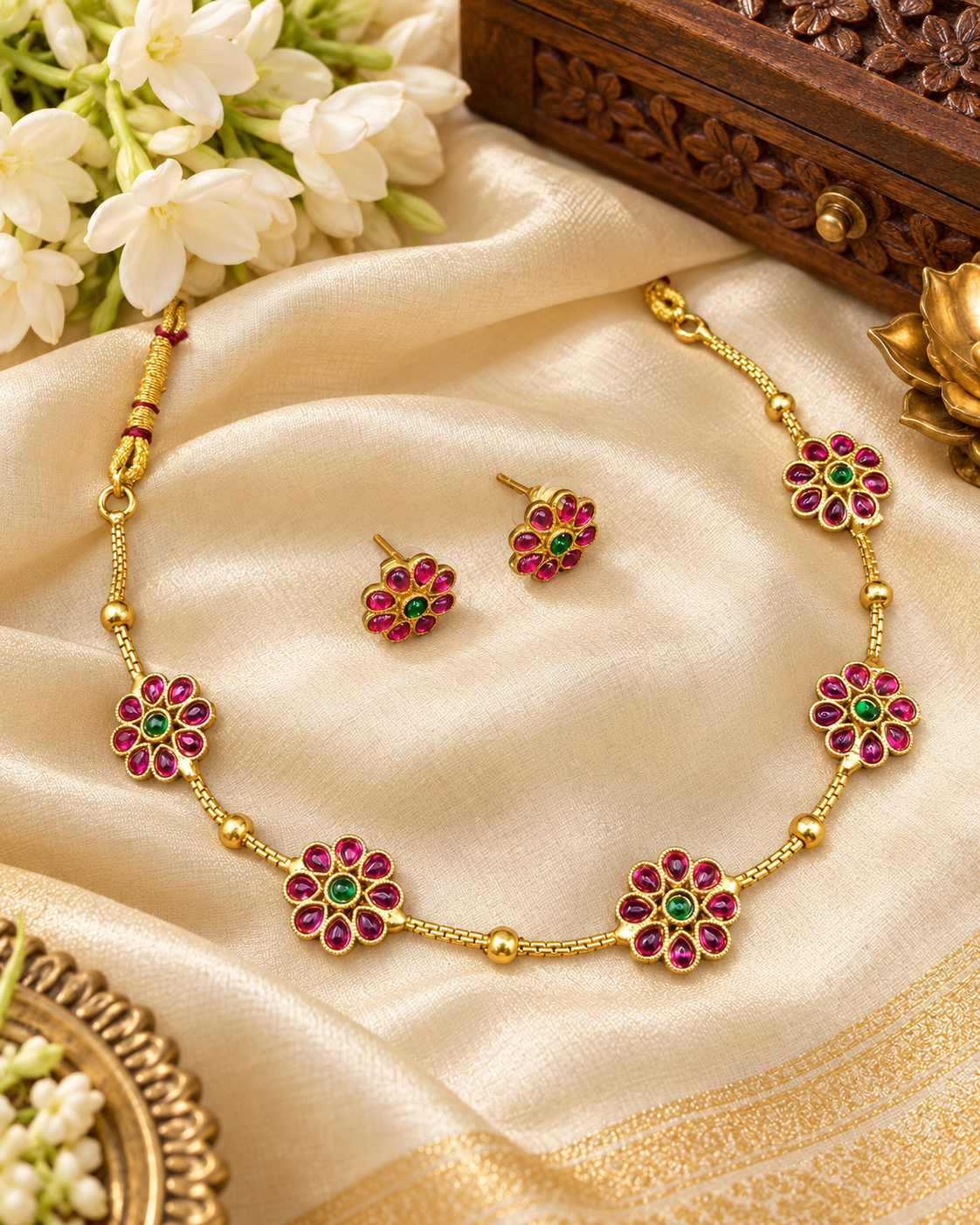 Minimalist Floral Stone Choker Necklace Set with Matching Earrings