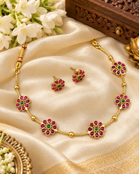 Minimalist Floral Stone Choker Necklace Set with Matching Earrings