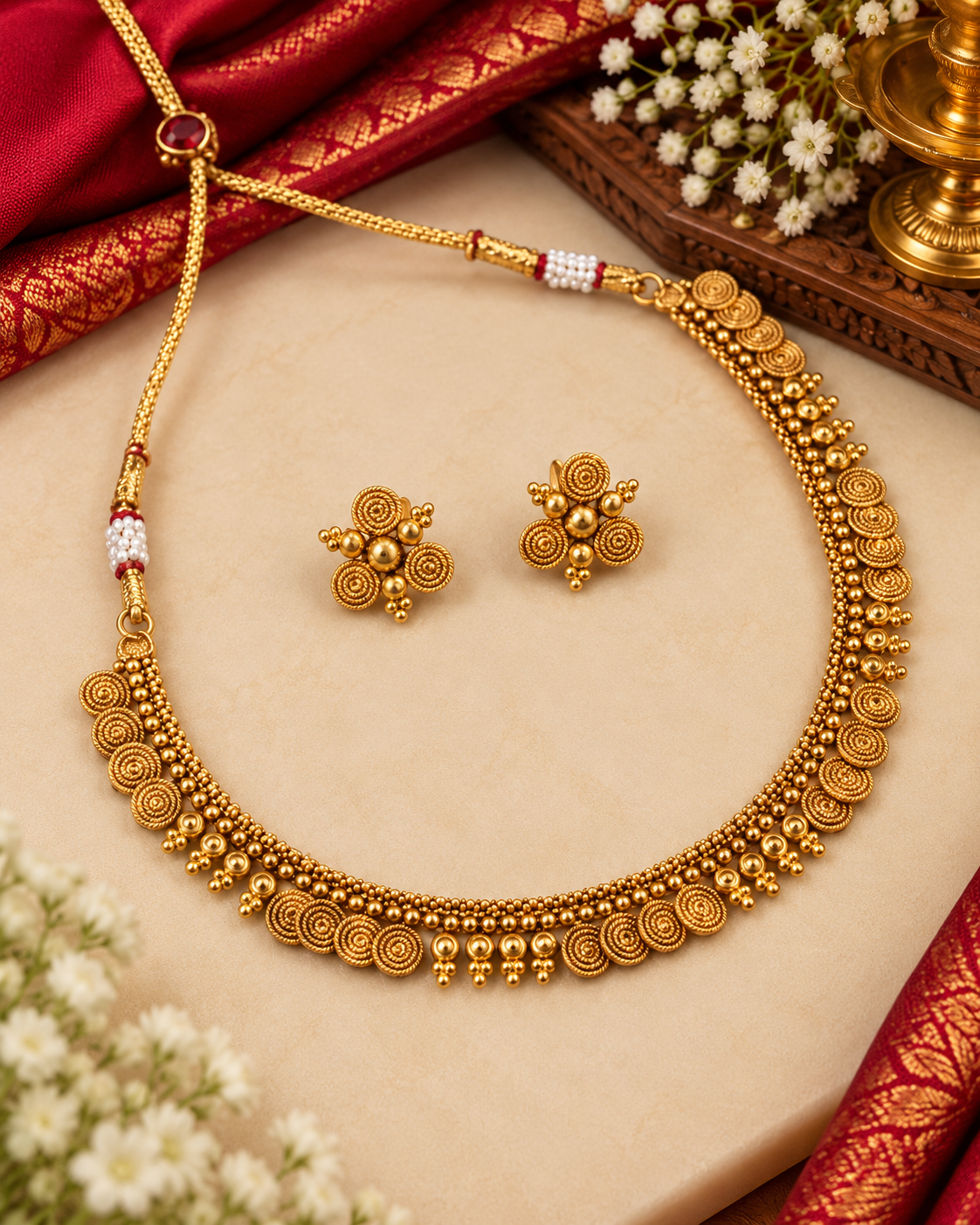 Temple Gold-Plated  Swirl Motif Necklace Choker Set