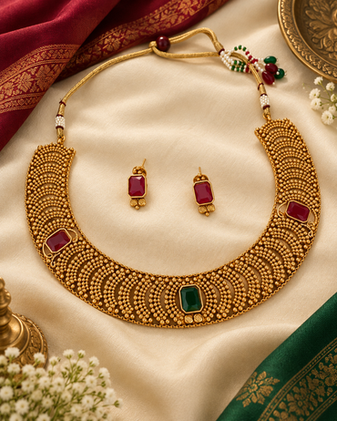 Matte Gold Broad Hasli Choker with Emerald-Cut Stones