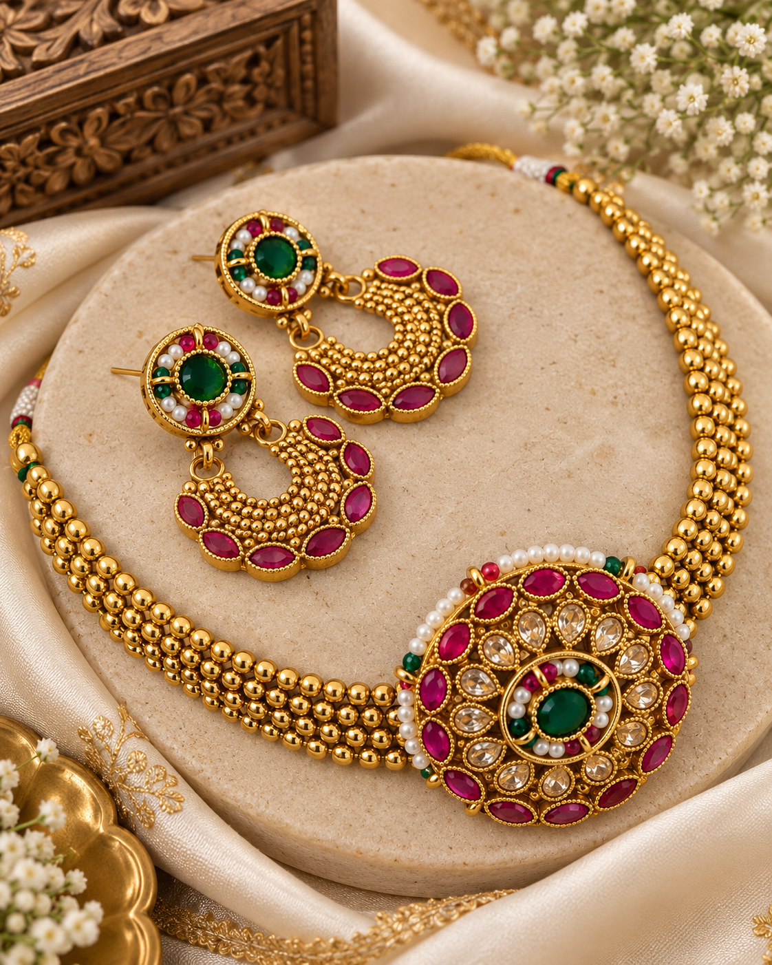 Copper Gold-Plated Bead Necklace with Ruby & Emerald Stones