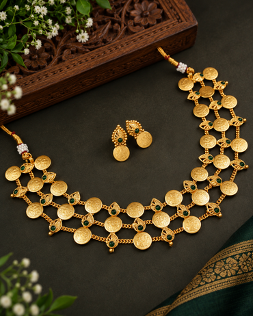 Double Layer Lakshmi Kasu Mala with Ruby Leaf Accents
