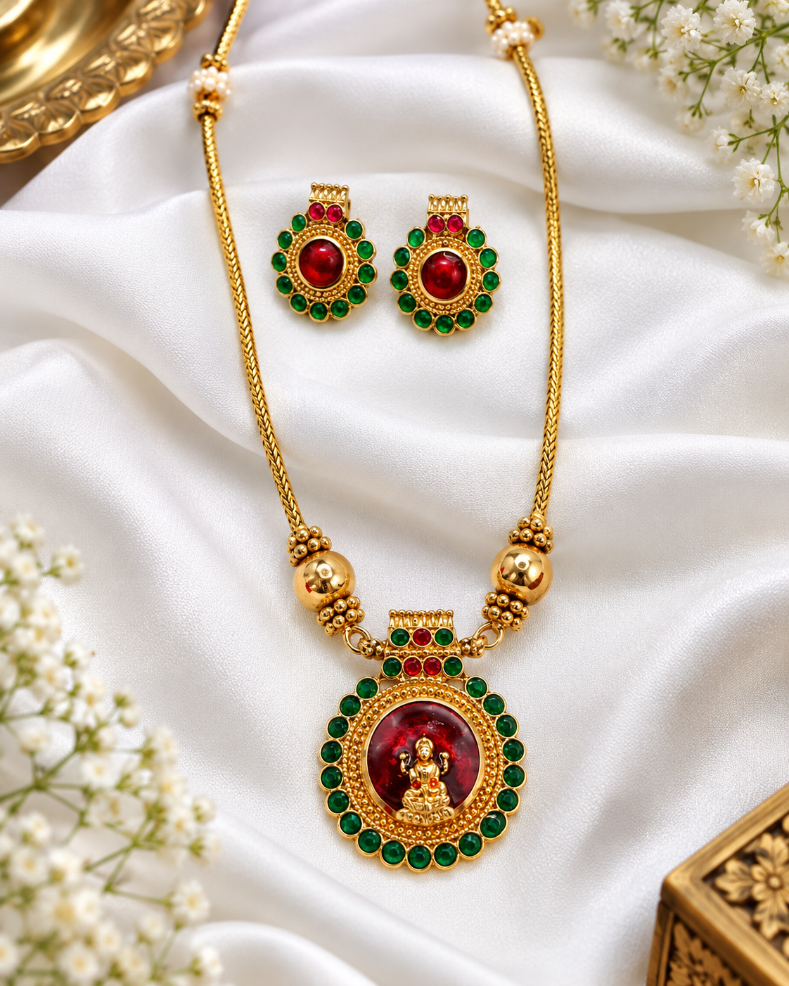 Gold Goddess Lakshmi Pendant with Emerald Green Stones