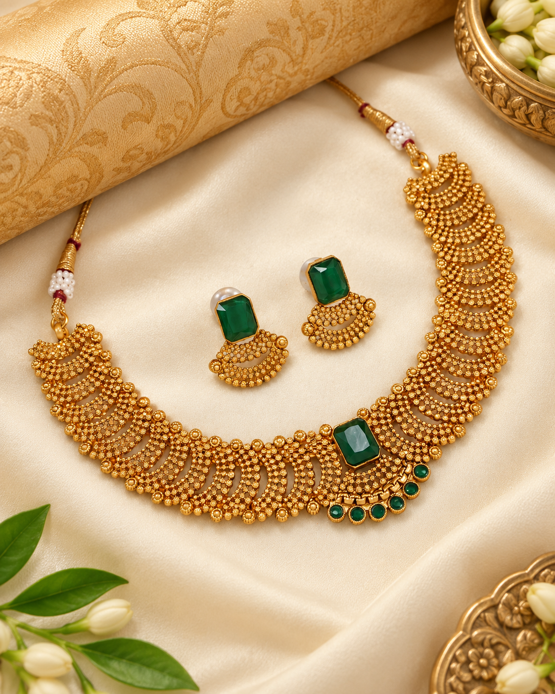Gold Crescent-Link Temple Choker with Ruby Accents