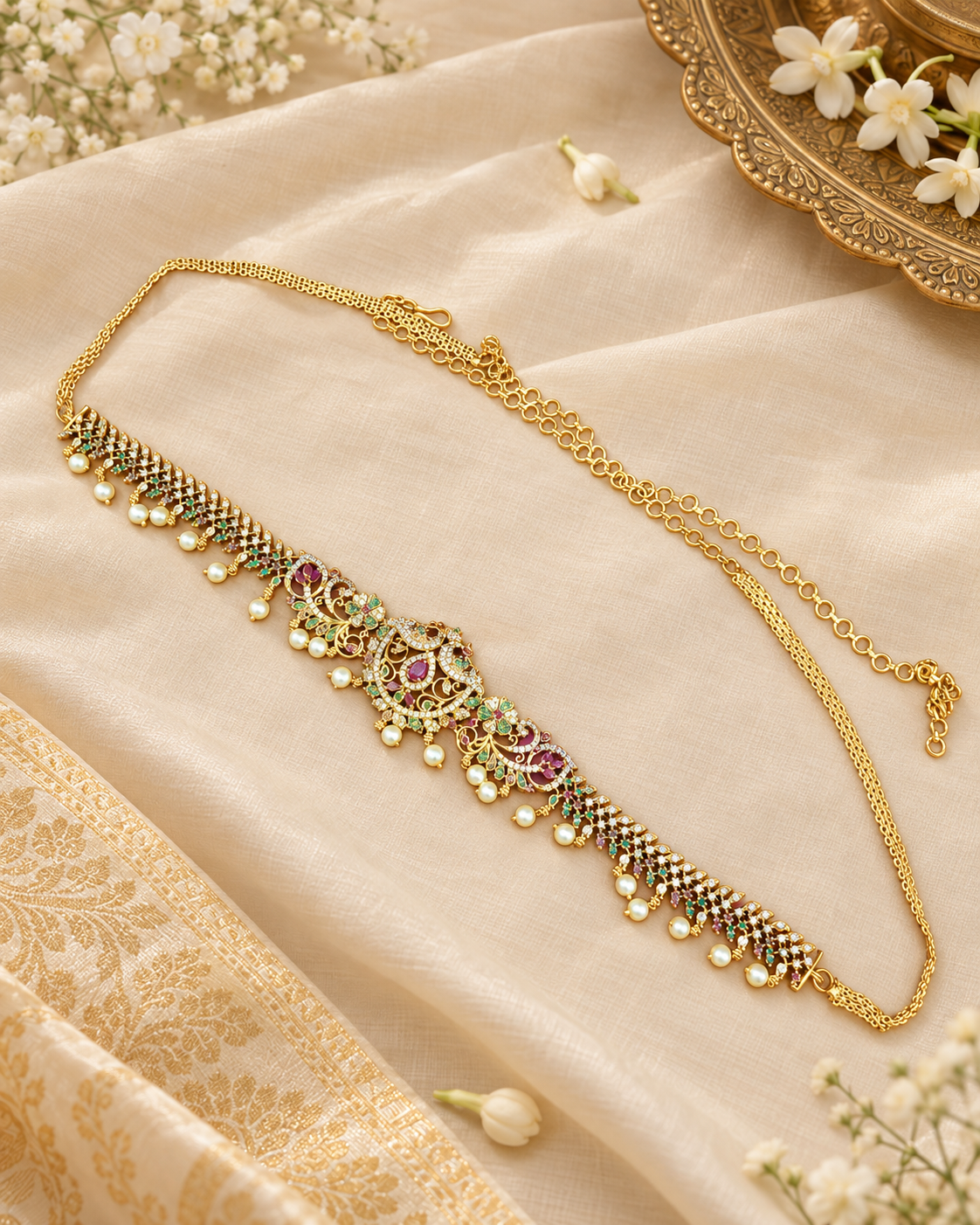 Ornate Peacock Filigree Waist Chain with Pearls