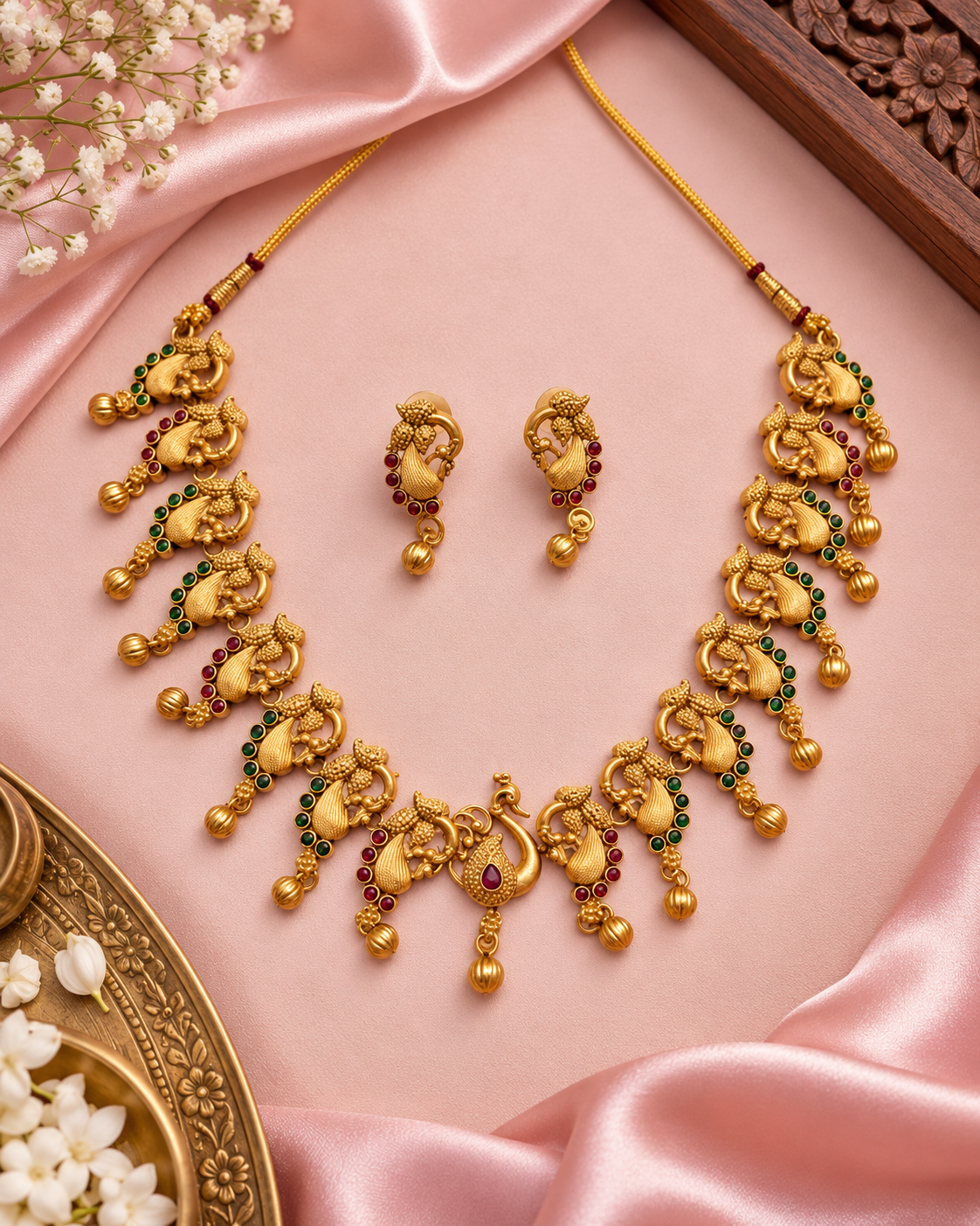Temple Peacock Motif with Kemp Stones Necklace Set