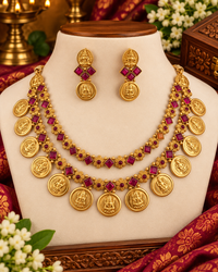 Double Layer Lakshmi Coin Temple Necklace Set with Ruby & Emerald Kemp Stones