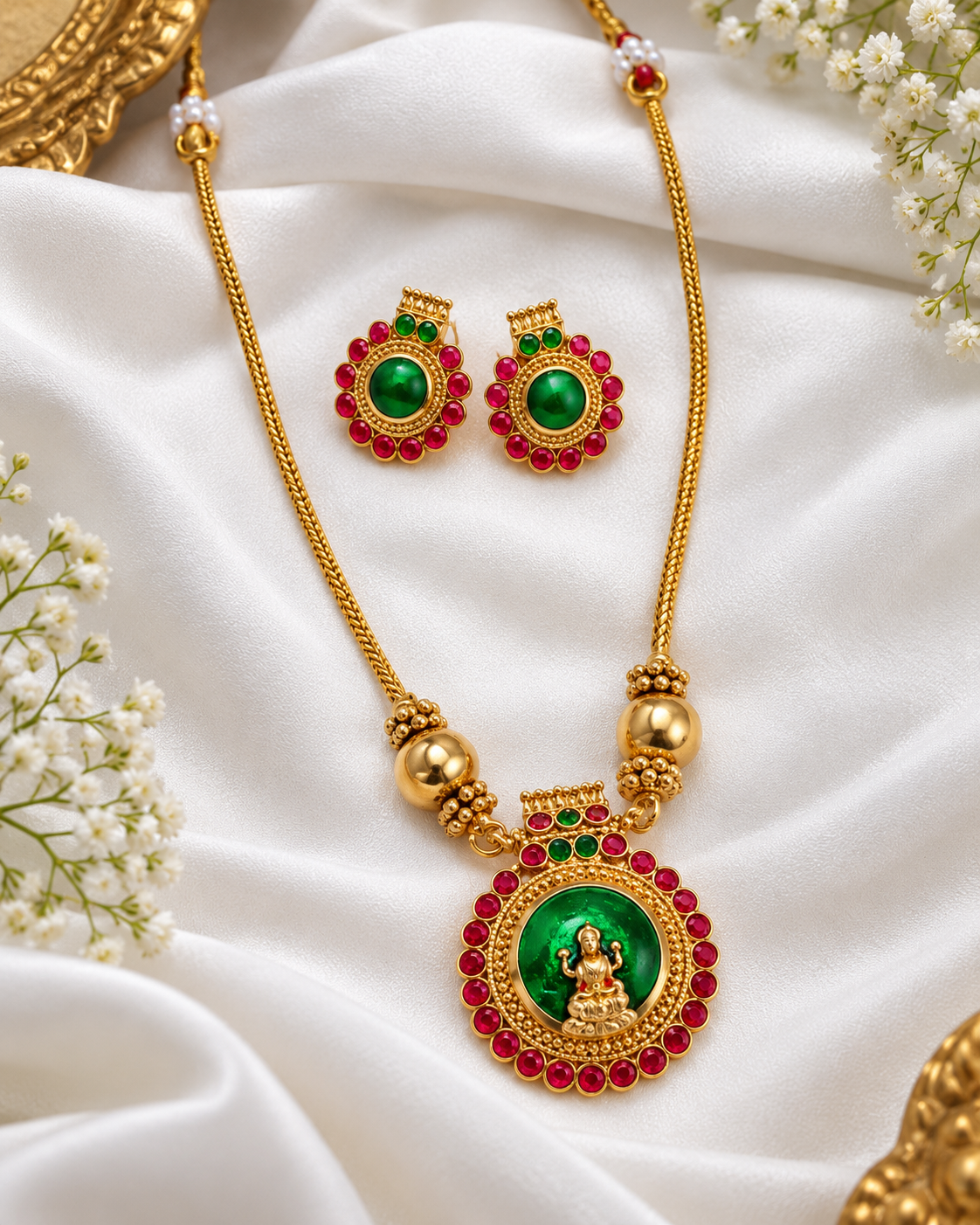 Gold Goddess Lakshmi Pendant with Emerald Green Stones