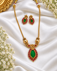 South Indian Style Green Stone Pendant Necklace with Sleek Gold Chain