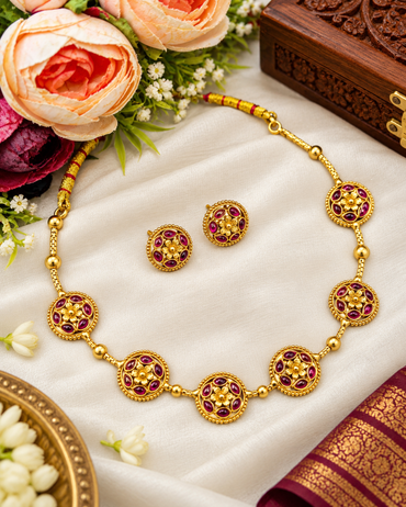 Gold-Tone Floral Medallion Necklace & Stud Earrings Set