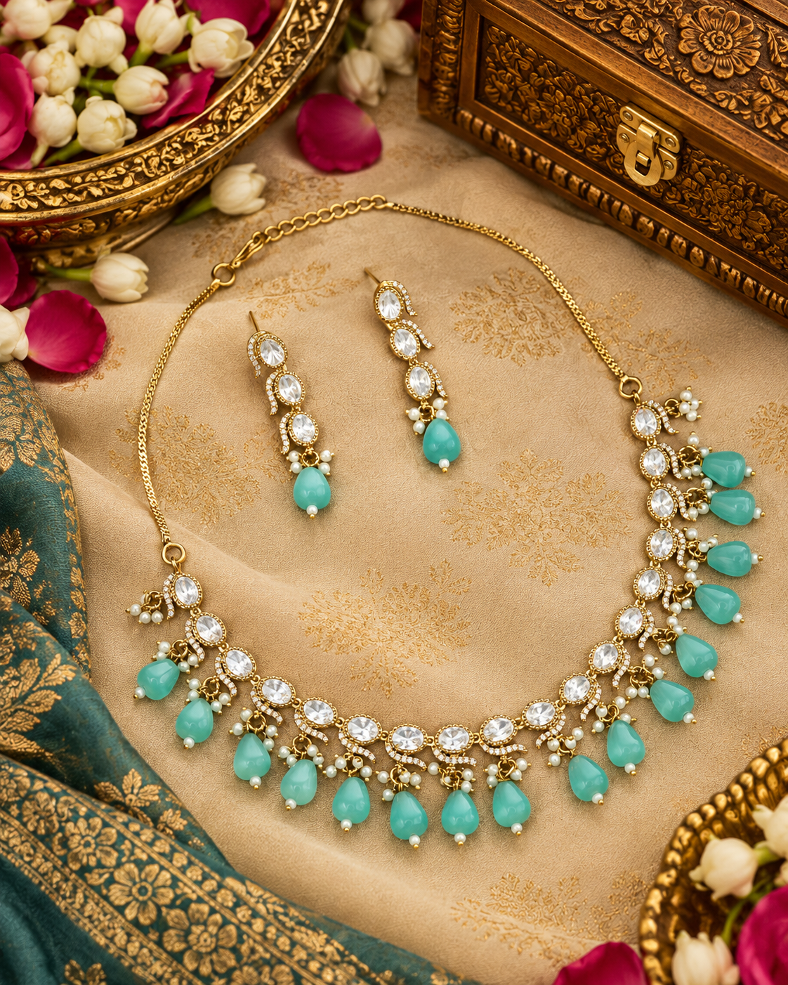 Beaded Drop Collar Necklace Set with Matching Danglers
