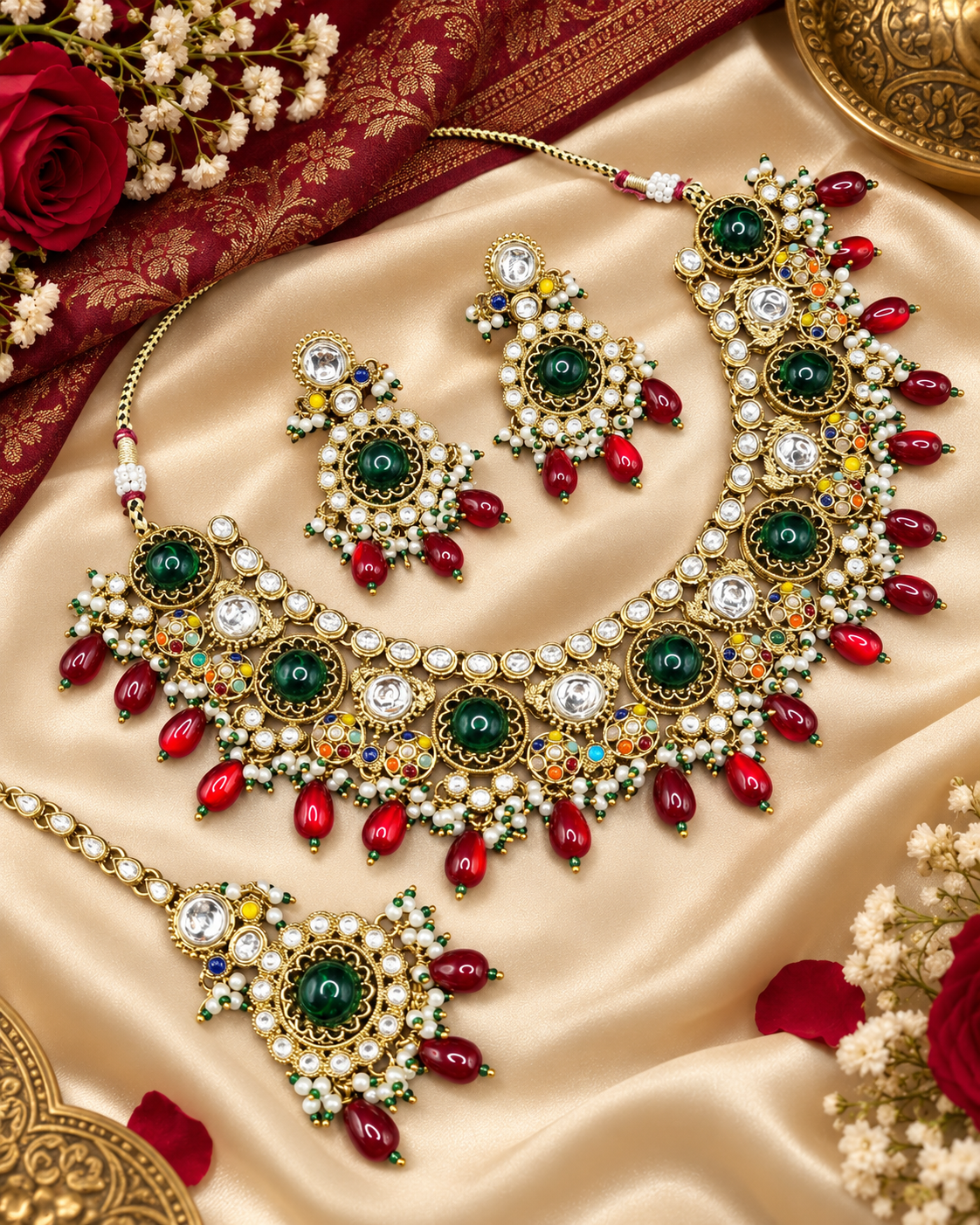 Traditional Gold-Tone Kundan Choker Set with Pearl Accents