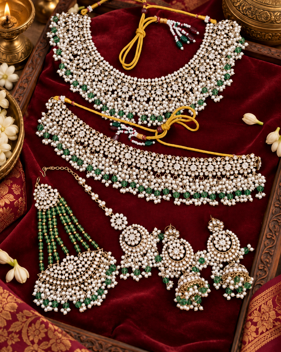 Shadaw Stone Bridal Jewelry Set Choker Necklace, Earring, Maang Tikka & Passa For Woman