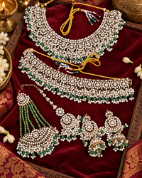 Shadaw Stone Bridal Jewelry Set Choker Necklace, Earring, Maang Tikka & Passa For Woman