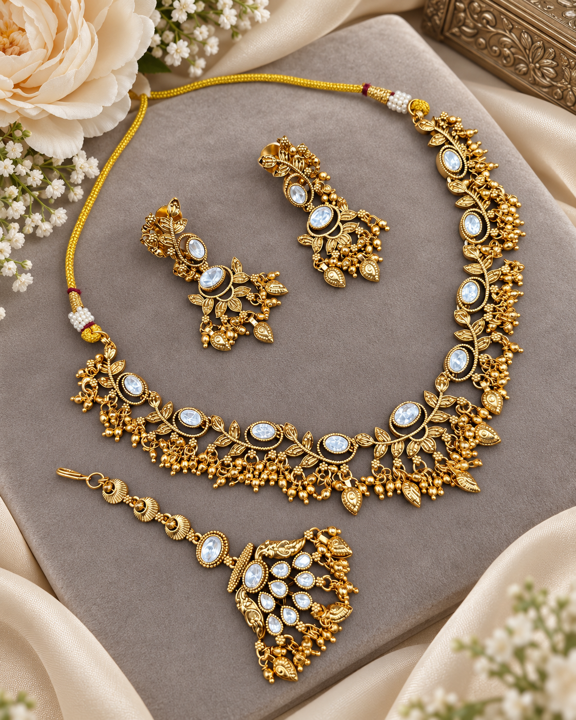 Floral Vine Stone Studded Jewelry Set with Tikka